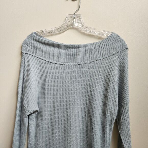 Lucky Brand Top Womens Small Blue Off Shoulder Waffle Knit Pullover Long Sleeve - Picture 2 of 16